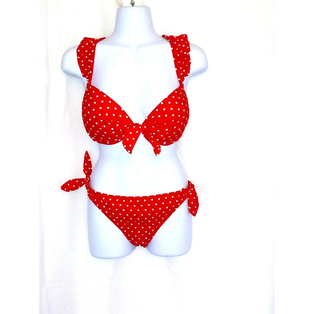 California Waves Red &White Polka Dot Ruffle Crisscross Back Bikini Top Size L